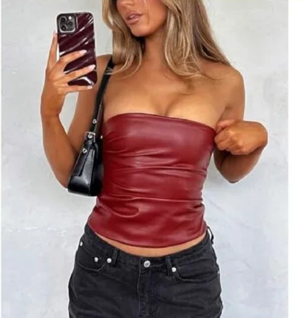 White Fox Well Behaved bustier vegan leather tube top gathered burgundy XS